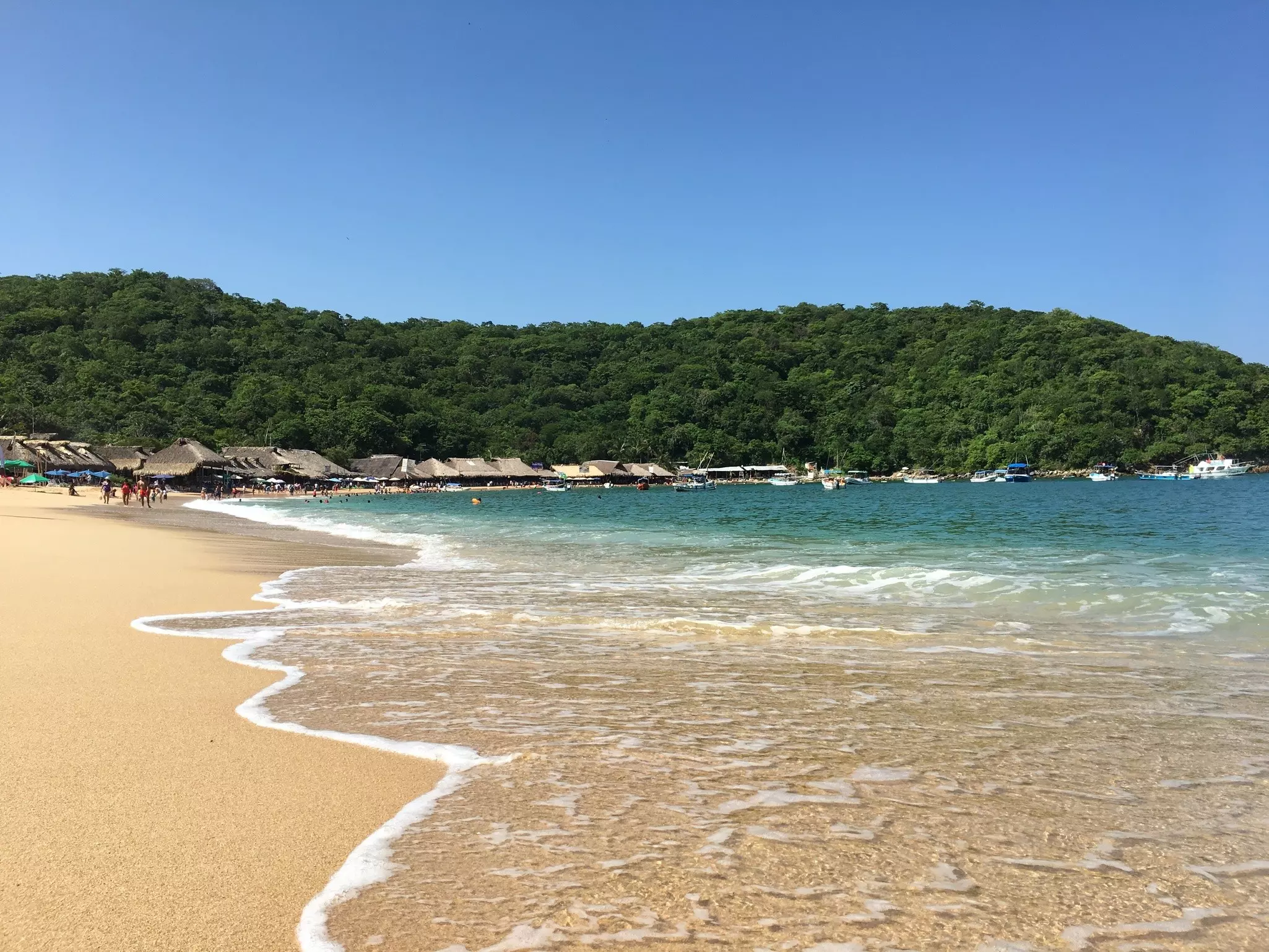 Playa El Maguey. Santa Maria Huatulco, Oaxaca, Mexico with wooden beach huts and swimmers
