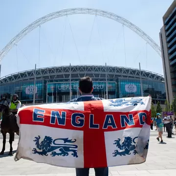London, UK. 13th June 2021. England fans exicted prior to the UEFA Euro 2020 Championship Group D match between England and Croatia at Wembley Stadium. ; Shutterstock ID 1990309949; your: Bridget Brown; gl: 65050; netsuite: Online Editorial; full:...