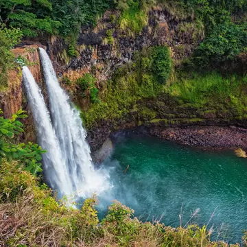 The majestic Wailua Falls on the island of Kauai. Wailua means 'two waters.'; Shutterstock ID 1382553263;
