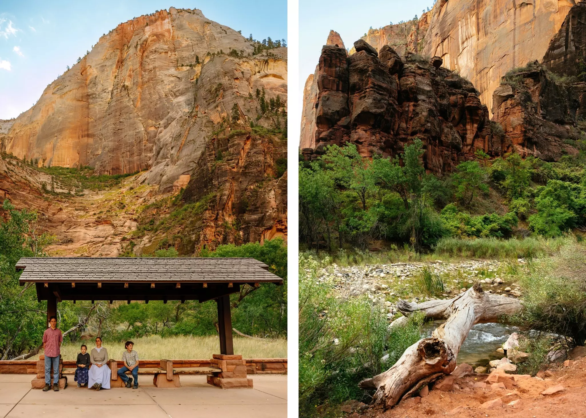 Two photos. At left, four people beneath a shelter with mountains in the background. At right, a river is slightly visible under a sizable branch and grassy land
