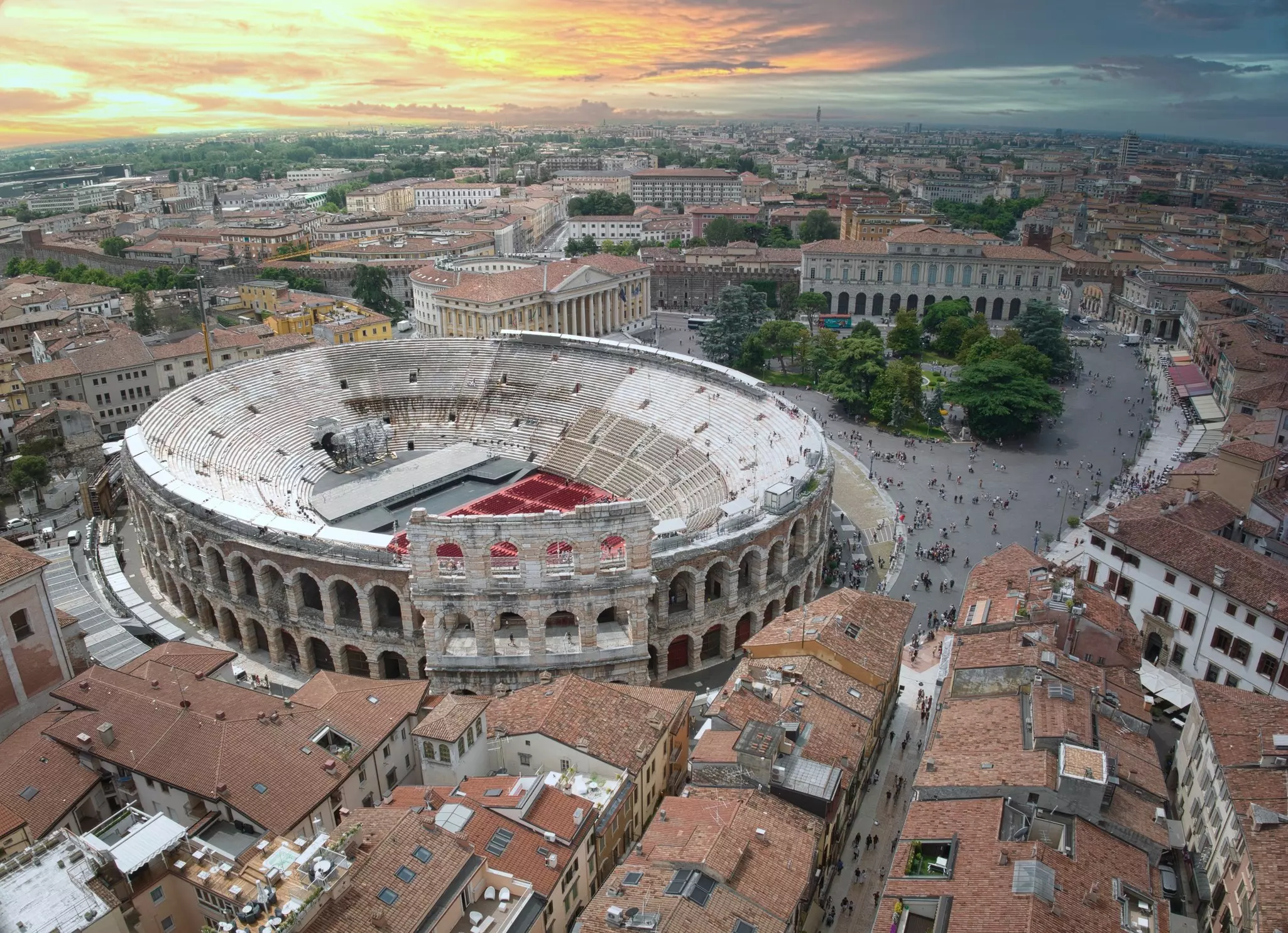 Sunset over the Roman arena in Verona in the Veneto, Italy.