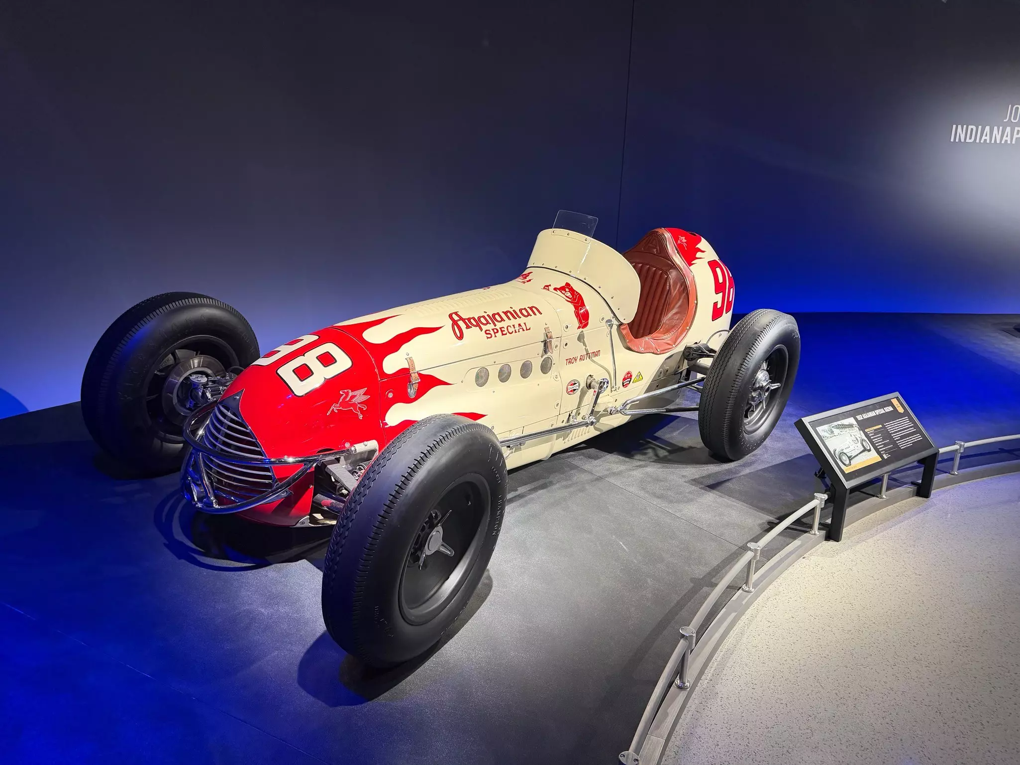 Old Indianapolis 500 car on display at the Indianapolis Motor Speedway Museum.