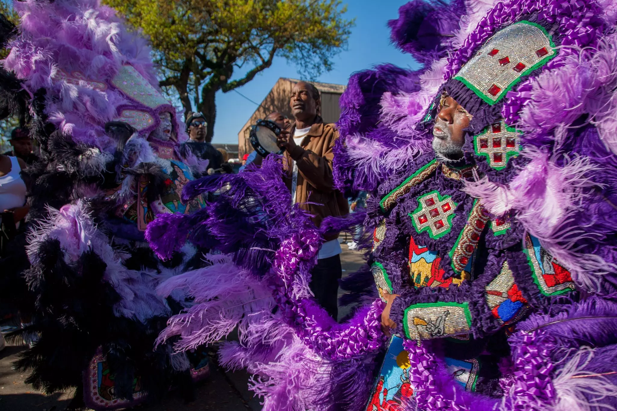 People in elaborate purple costumes participate in a pre–Mardi Gras parade on the streets of New Orleans