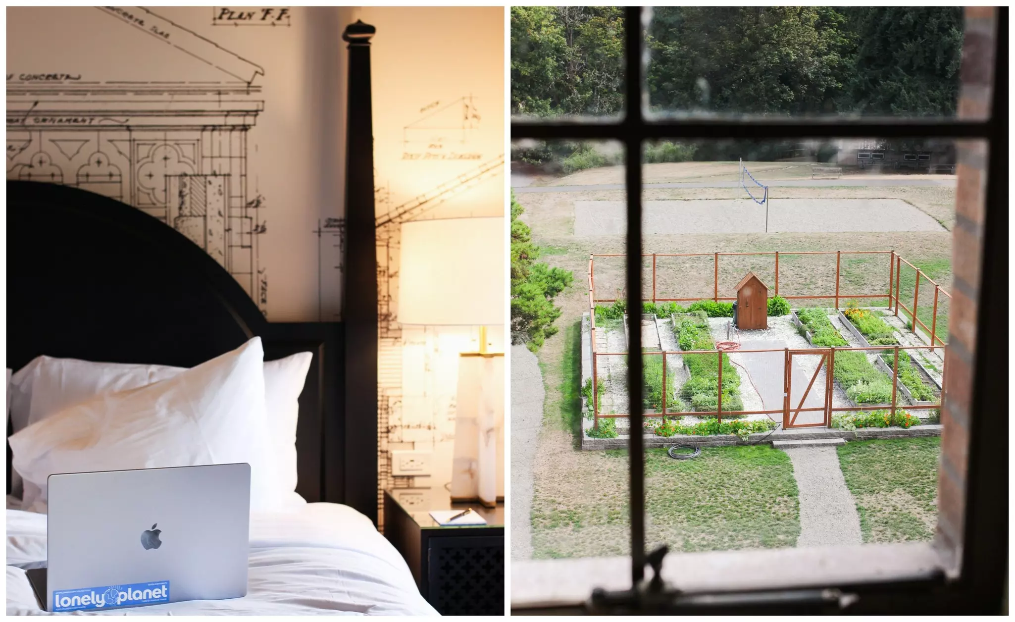 Hard at work in my blueprint-wallpaper-covered room (left); a view of the Lodge’s chef’s garden at © Ann Douglas Lott / Lonely Planet