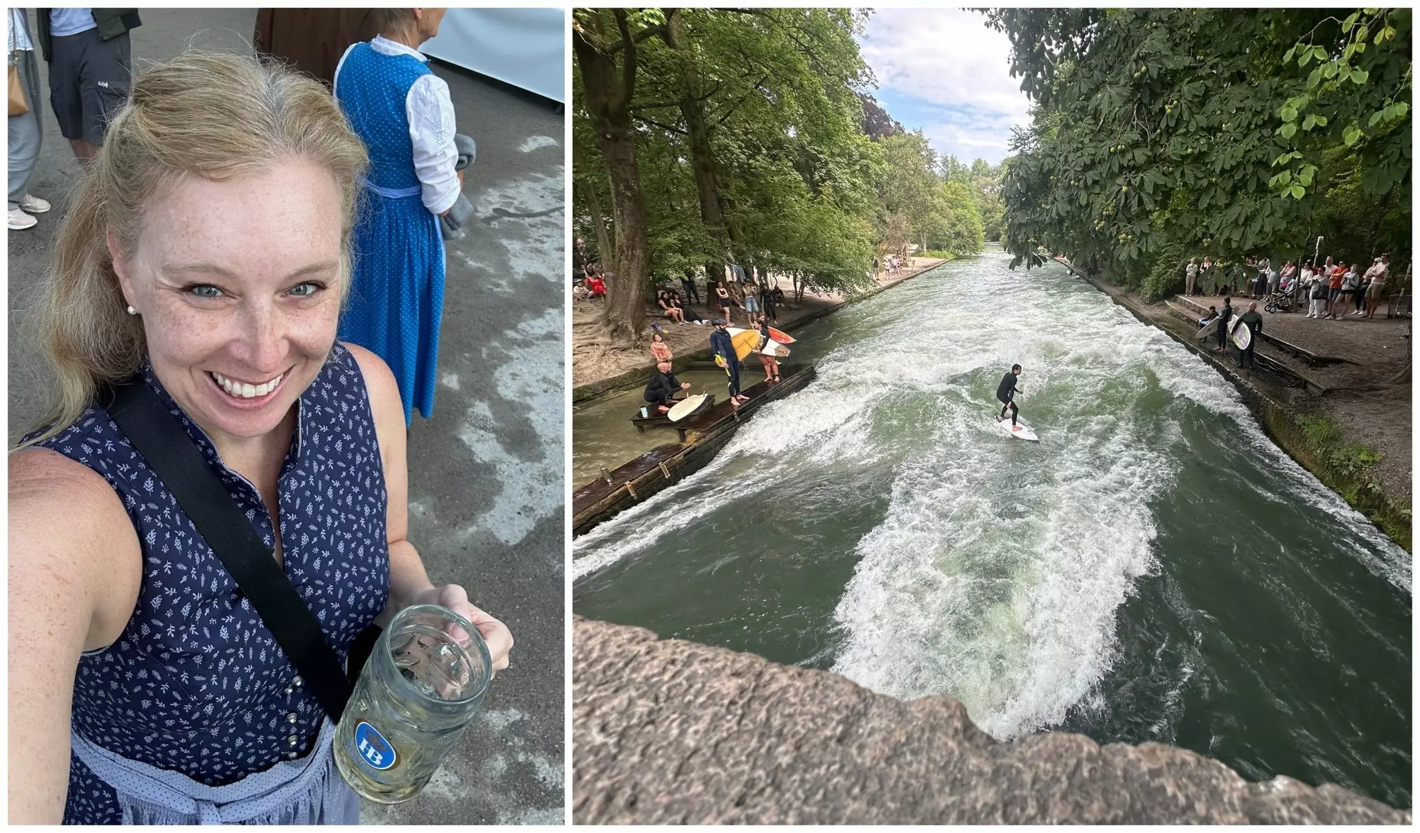 Melissa in Munich at the Kocherlball (left) and watching surfers at Eisbachwelle in Englischer Garten (right)