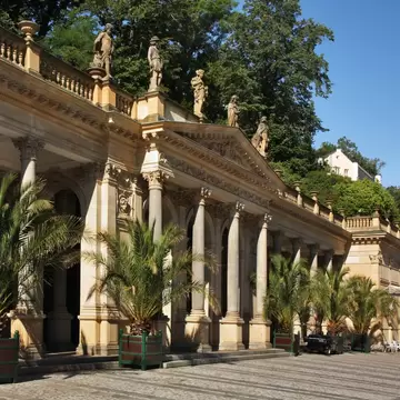 Exterior of Mill Colonnade at Mlynske nabrezi street in Karlovy Vary. Bohemia. Czech Republic.