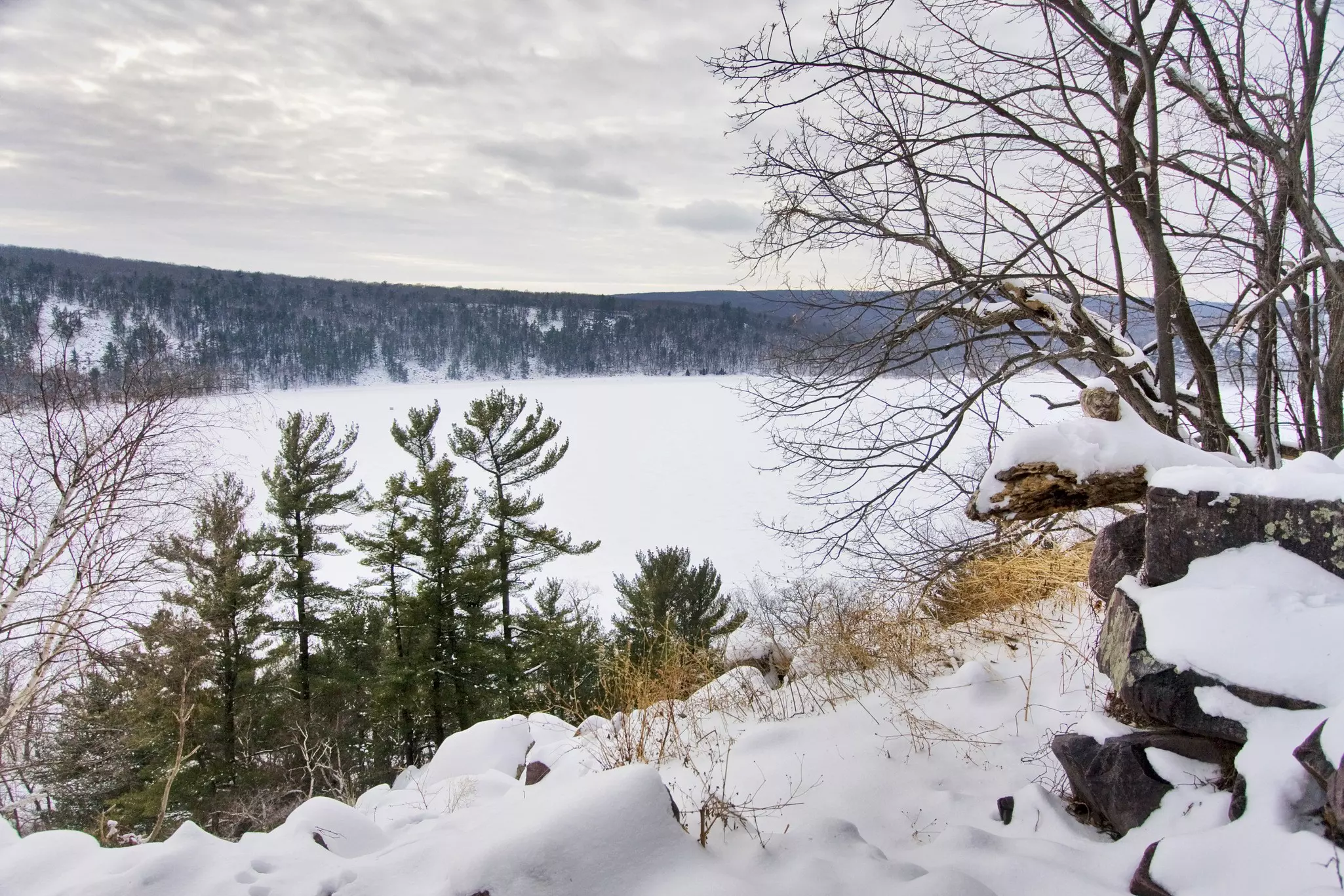 View of a frozen lake from a snowy trail in a park. Clusters of pine trees are on the other side of the lake.