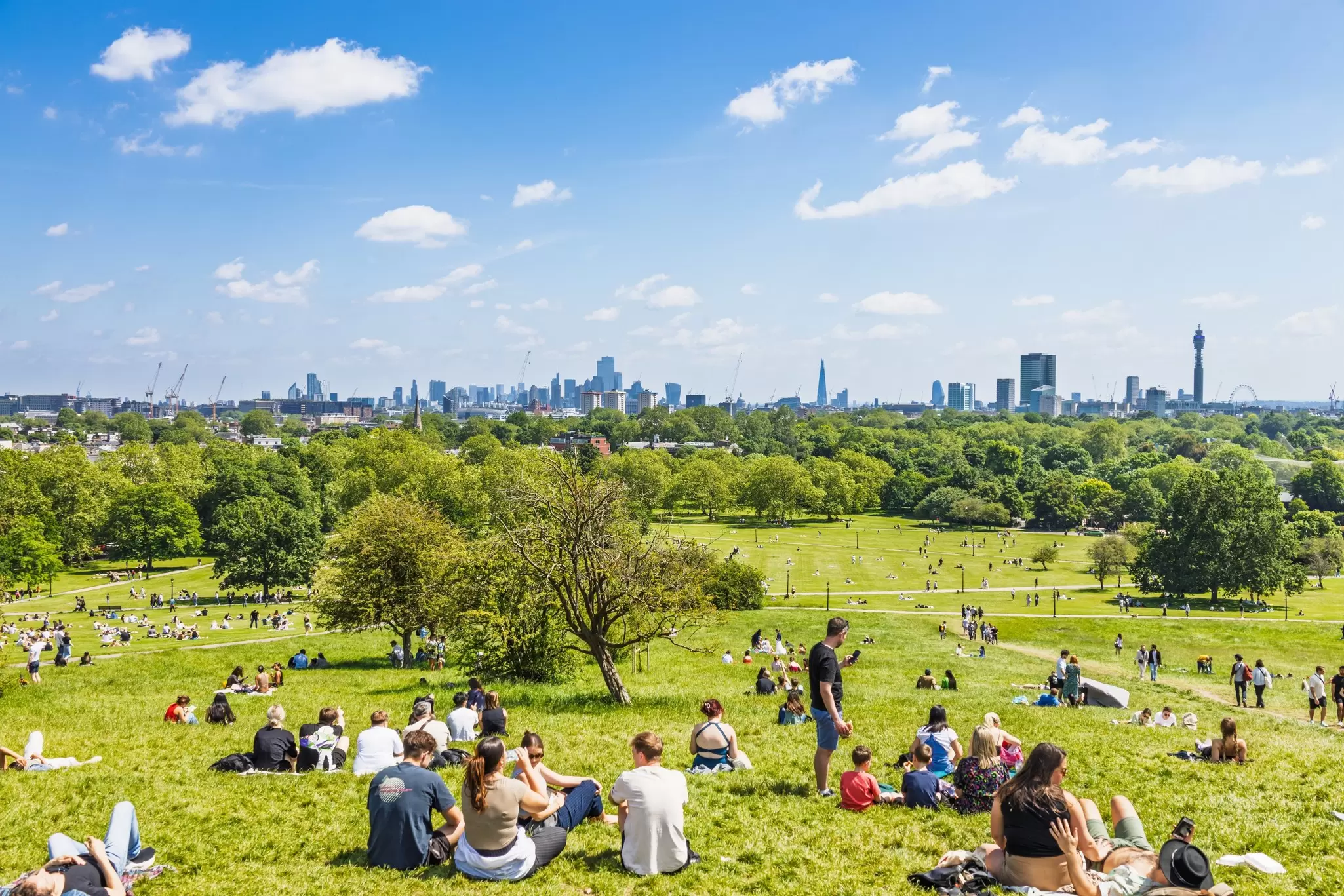 Groups of people and friends gather on a hillside (Primrose Hill) on a sunny day looking down over the skyline of London