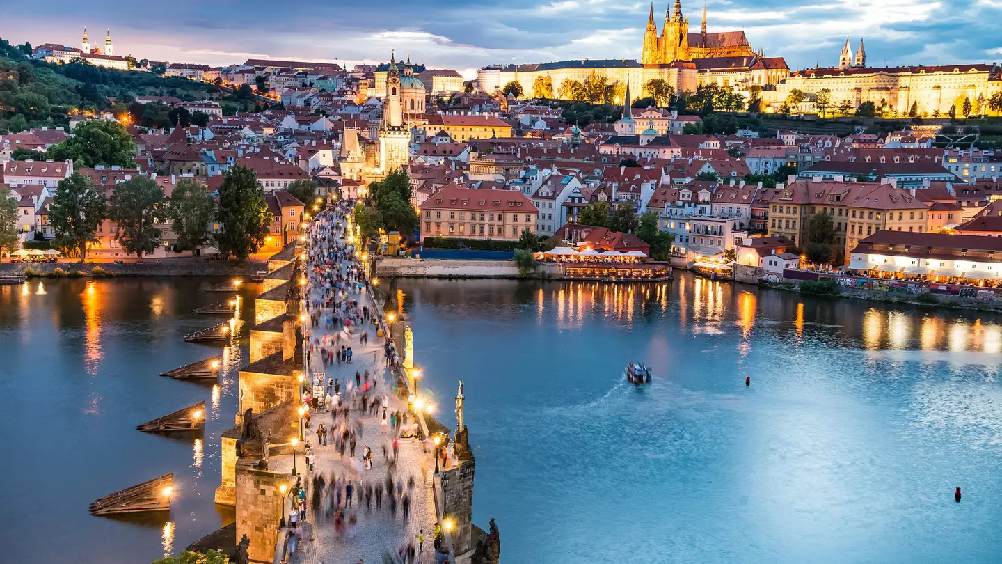 Panorama of Prague with red roofs from above on a summer day at dusk, Czech Republic