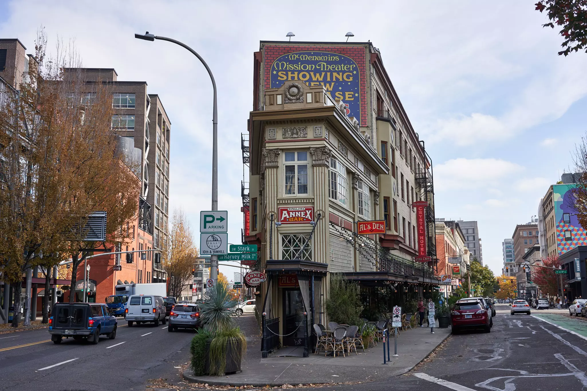 The Flatiron Building, also known as Ringlers Annex and Espresso Bar, a historic two-story building that sits at the end of a triangular lot in downtown Portland.
