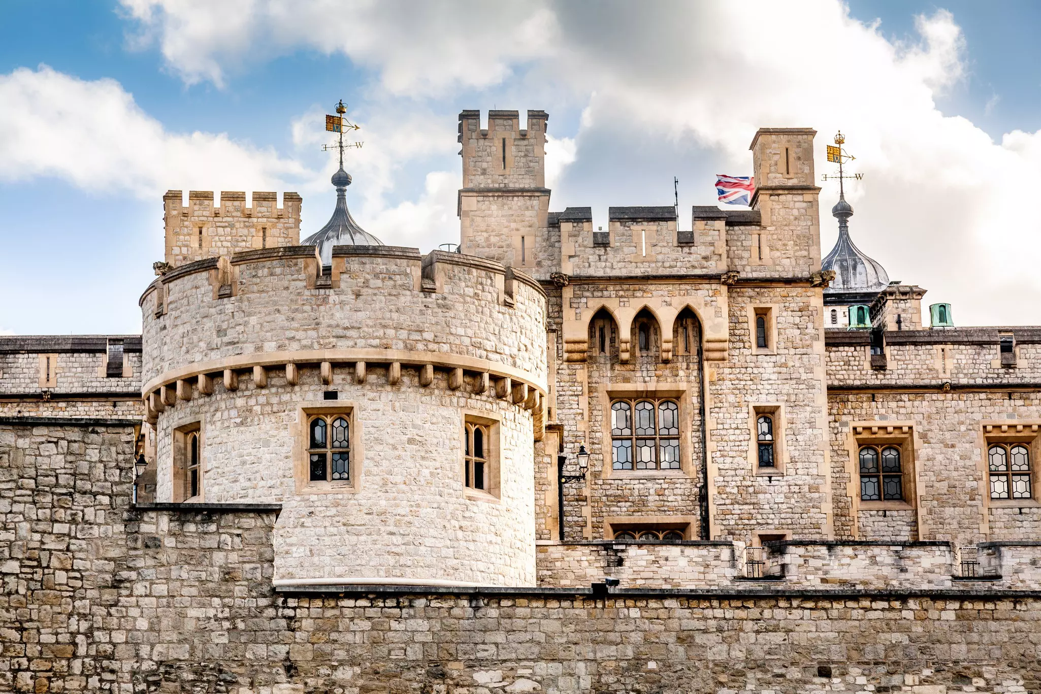Stone turrets and towers at a palace.