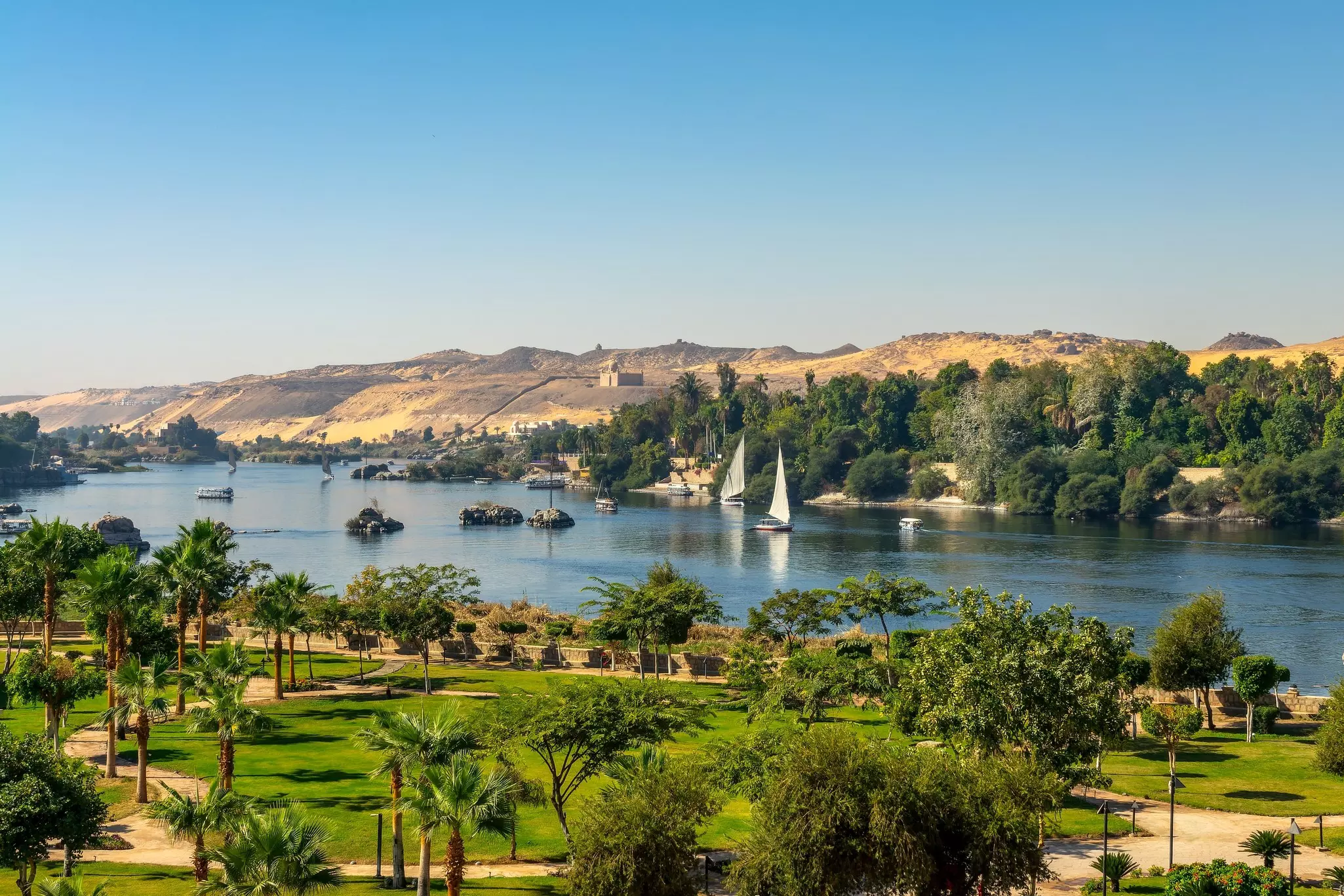 Aerial panoramic view of the Nile river with Feluccas (traditional egyptian sailing boats)