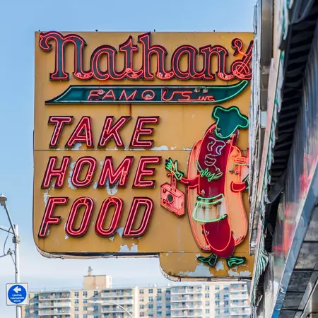 Sign for Nathan's Famous Hot Dogs at Coney Island.