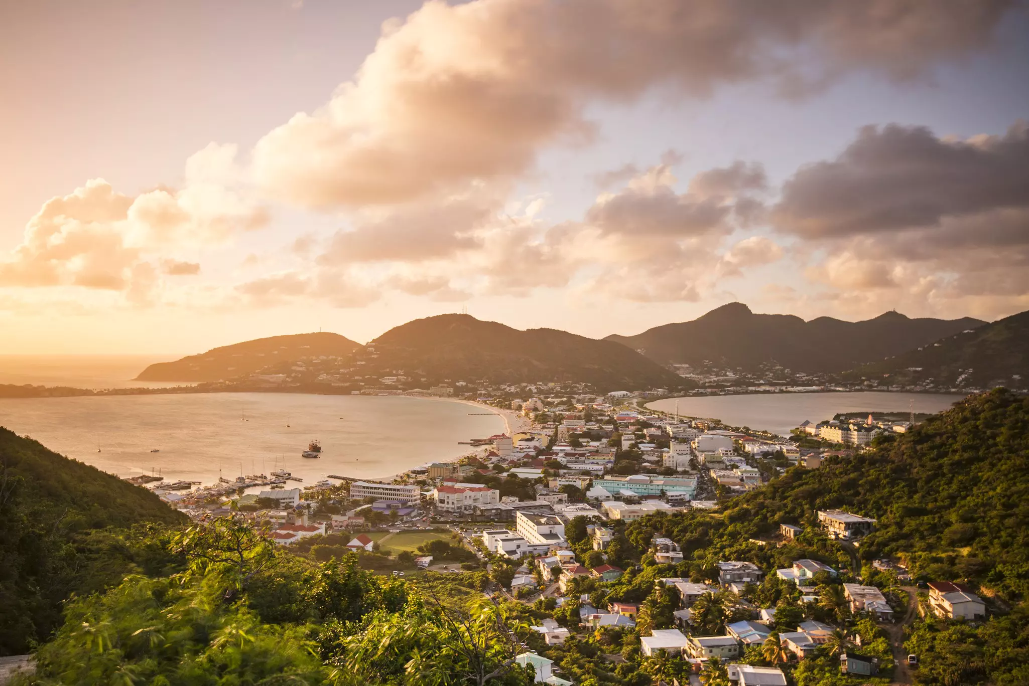 Philipsburg, Sint Maarten, Dutch Antilles cityscape at the Great Salt Pond