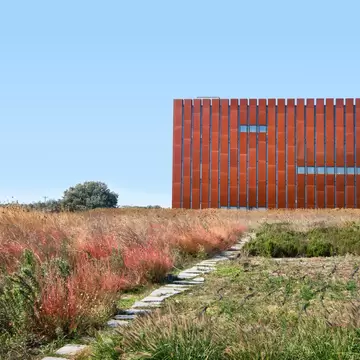 Rust-red steel cube of the Museum of Troy with slit windows, behind a meadow of tall grasses and a stepping-stone path