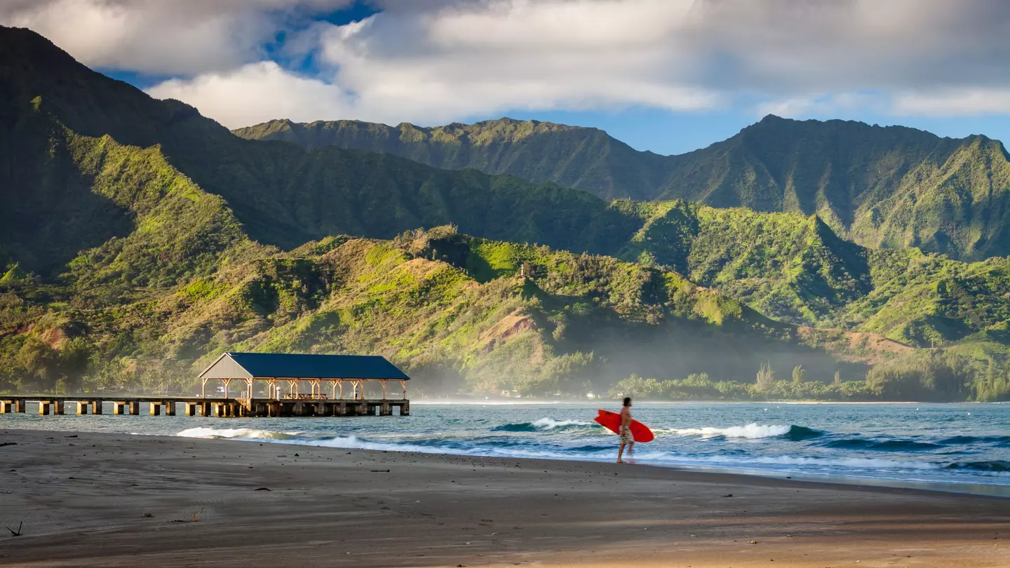 A surfer looks out at the surf on Hanalei Bay on Kauai, Hawaii.