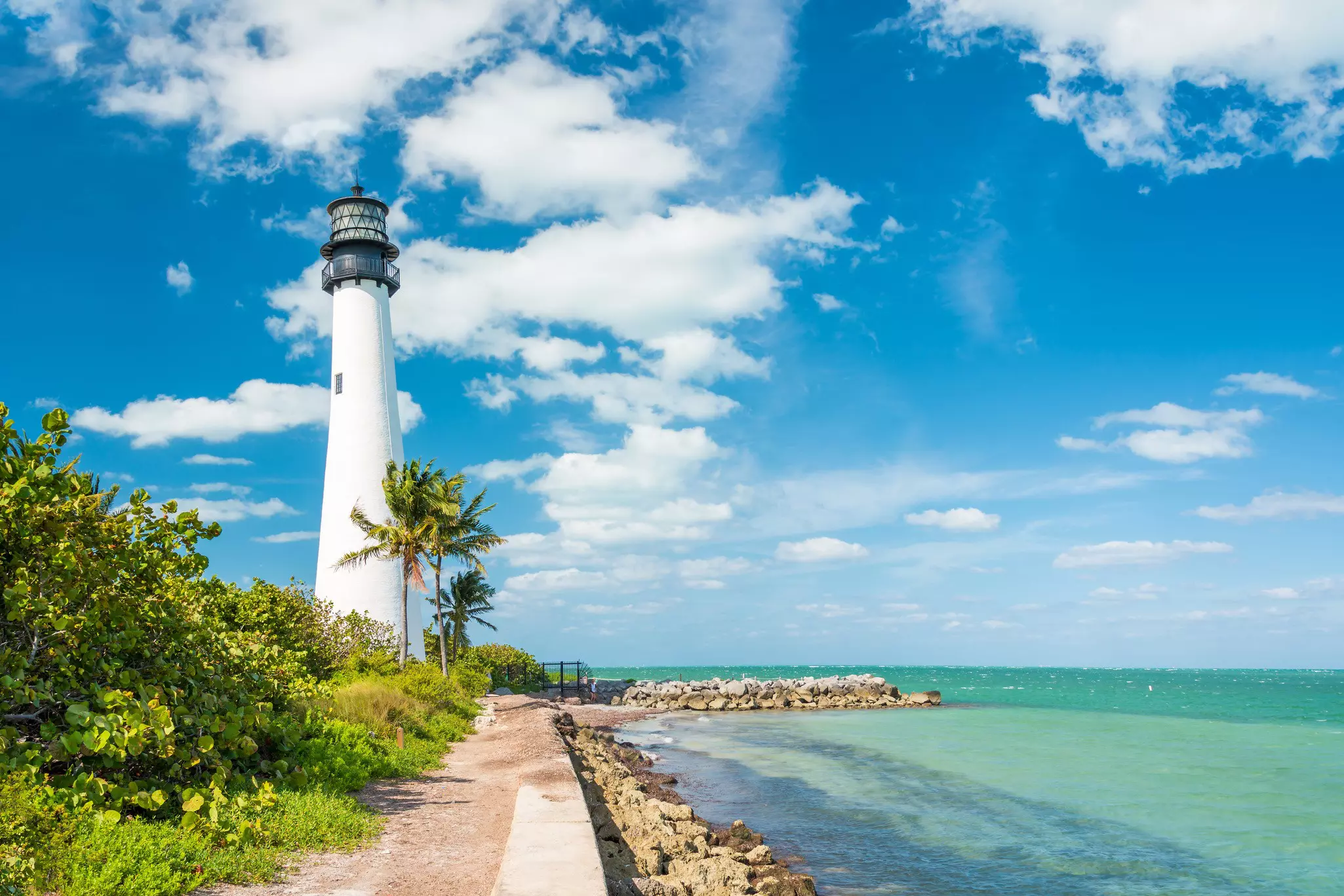 Famous lighthouse at Cape Florida in the south end of Key Biscayne, Miami.