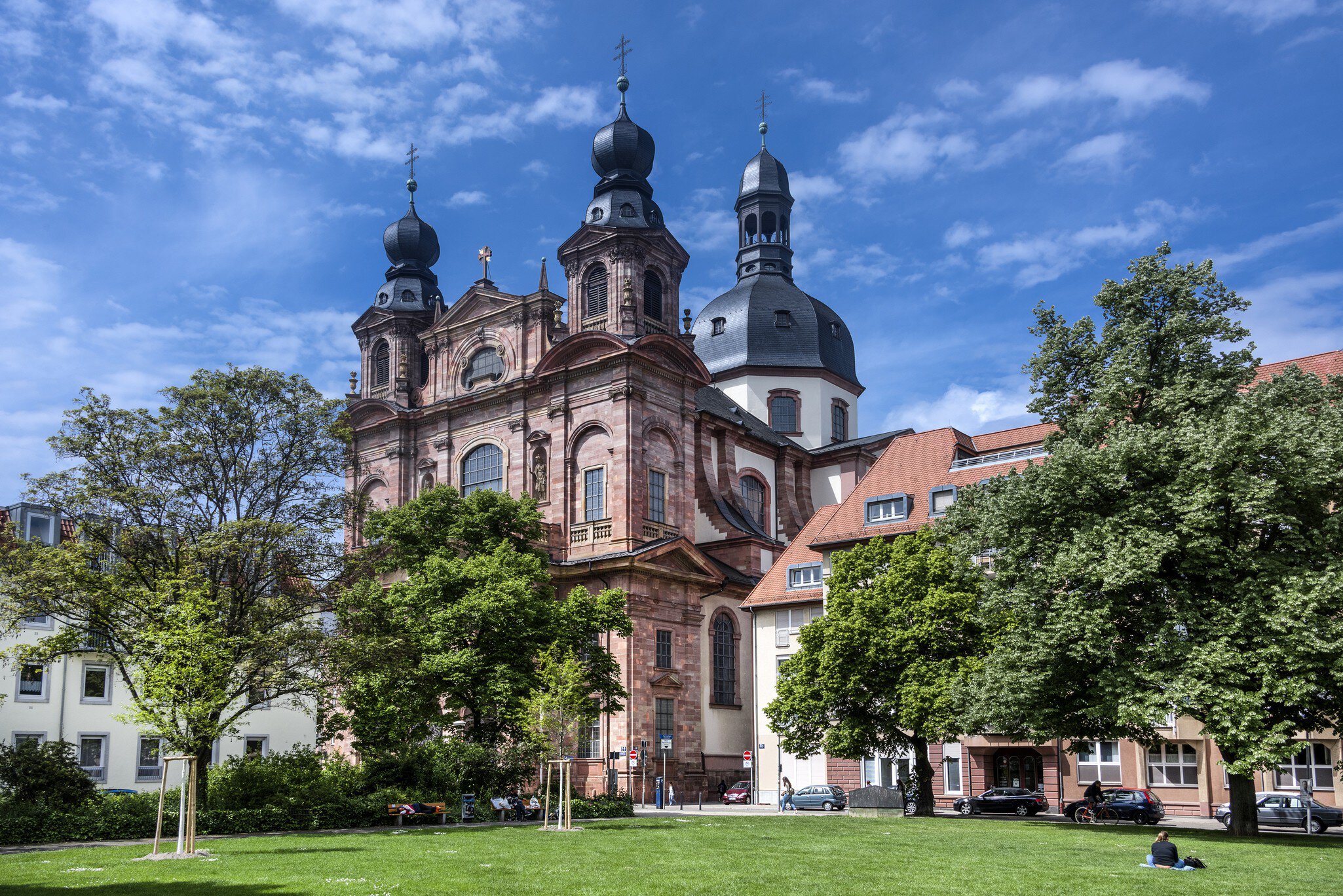 Facade of Jesuit Church (Jesuitenkirche St. Ignatius and Franz Xaver) in Baden-Wuerttemberg, Mannheim, Germany. 