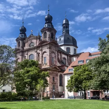 Facade of Jesuit Church (Jesuitenkirche St. Ignatius and Franz Xaver) in Baden-Wuerttemberg, Mannheim, Germany. 