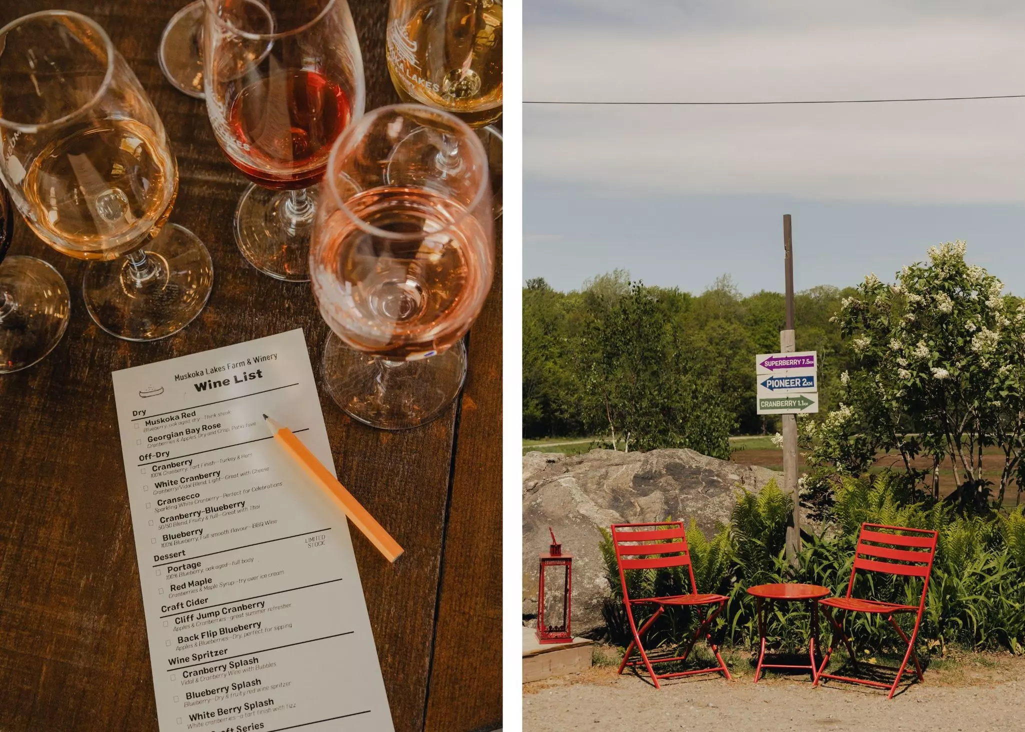 A wine list surrounded by glasses of wine is on the left; a red table and chairs outside with a sign above them is on the right.