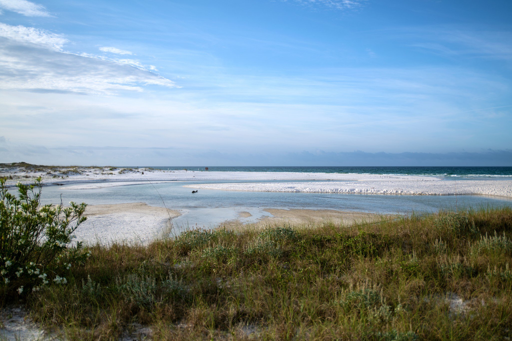 Ocean outflow forms a lake in a stretch of white sand at Grayton Beach, Florida.