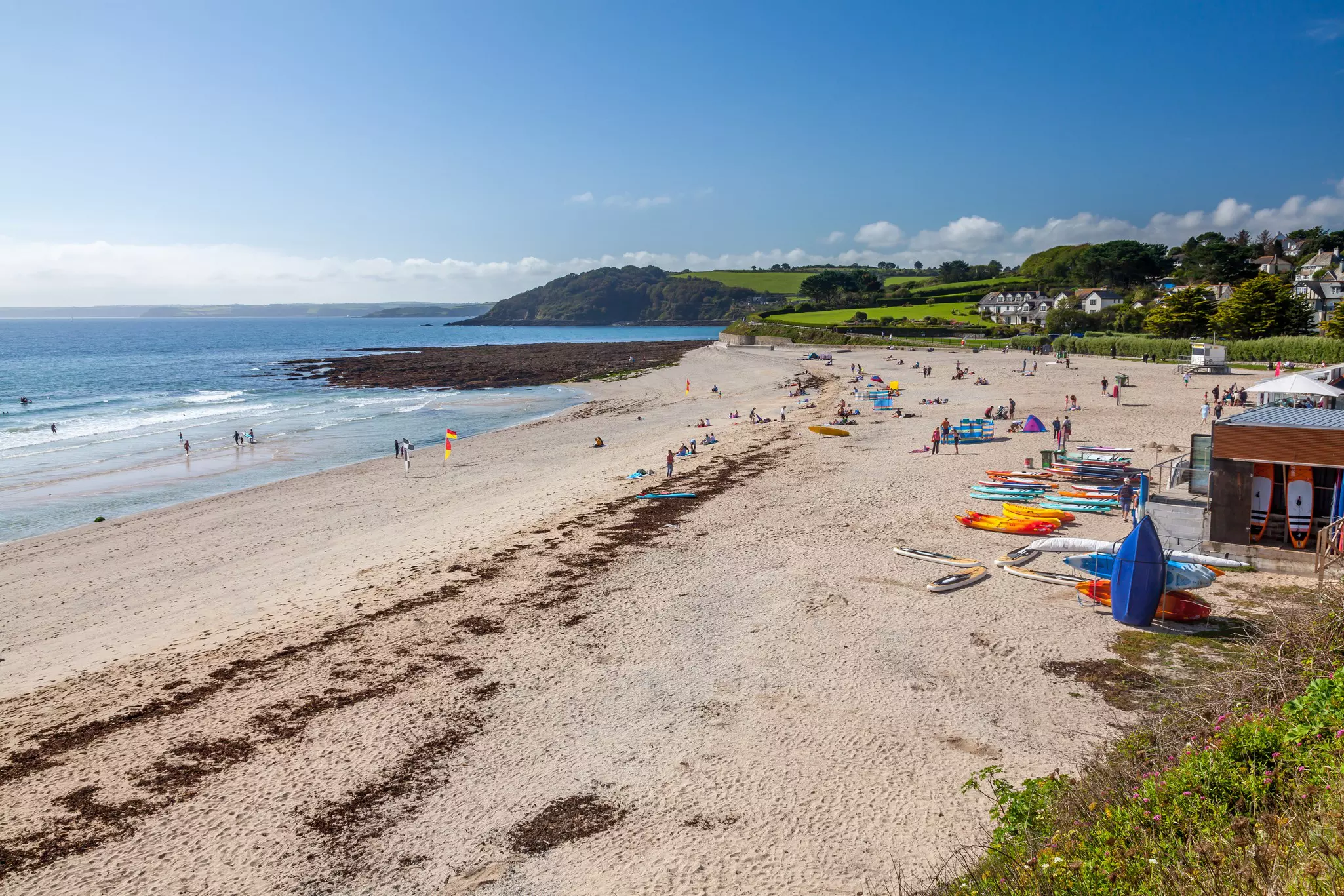 Overlooking the golden sand at Gyllyngvase Beach, Falmouth, Cornwall, UK.