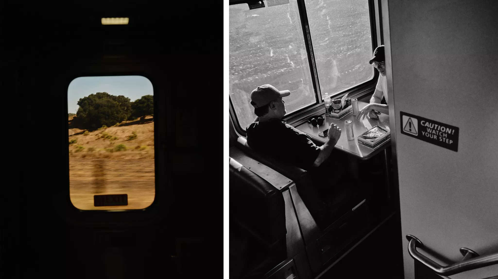 Left, looking through a window at a blurred landscape. Right, two men sit at a table in the dining car with food and drinks.