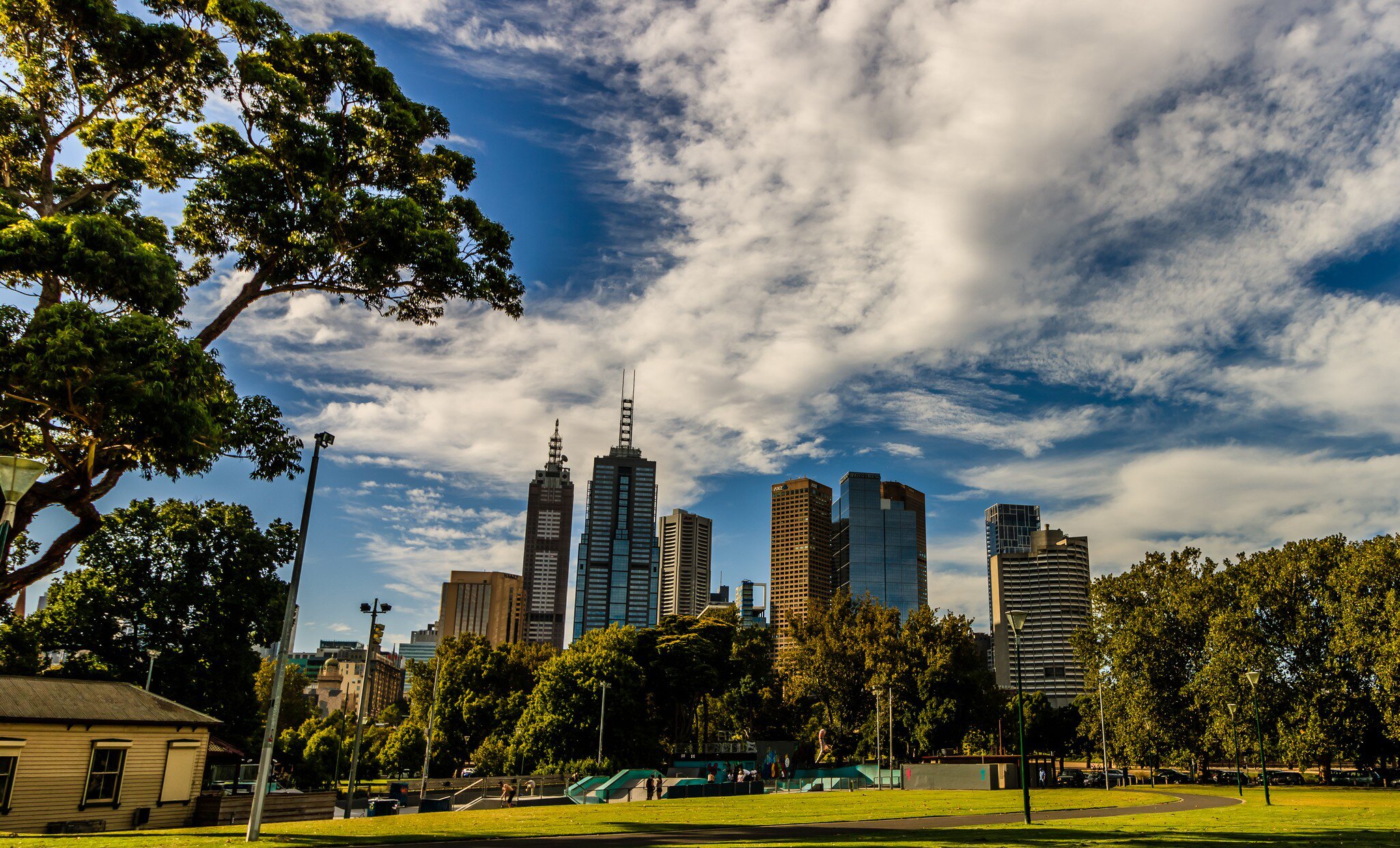 Cityscape of Melbourne from Kings Domain parklands in Australia.
