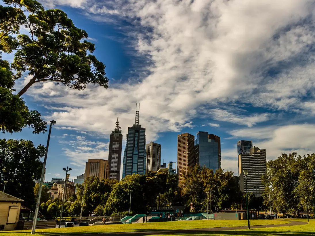 Cityscape of Melbourne from Kings Domain parklands in Australia.