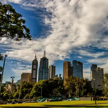 Cityscape of Melbourne from Kings Domain parklands in Australia.