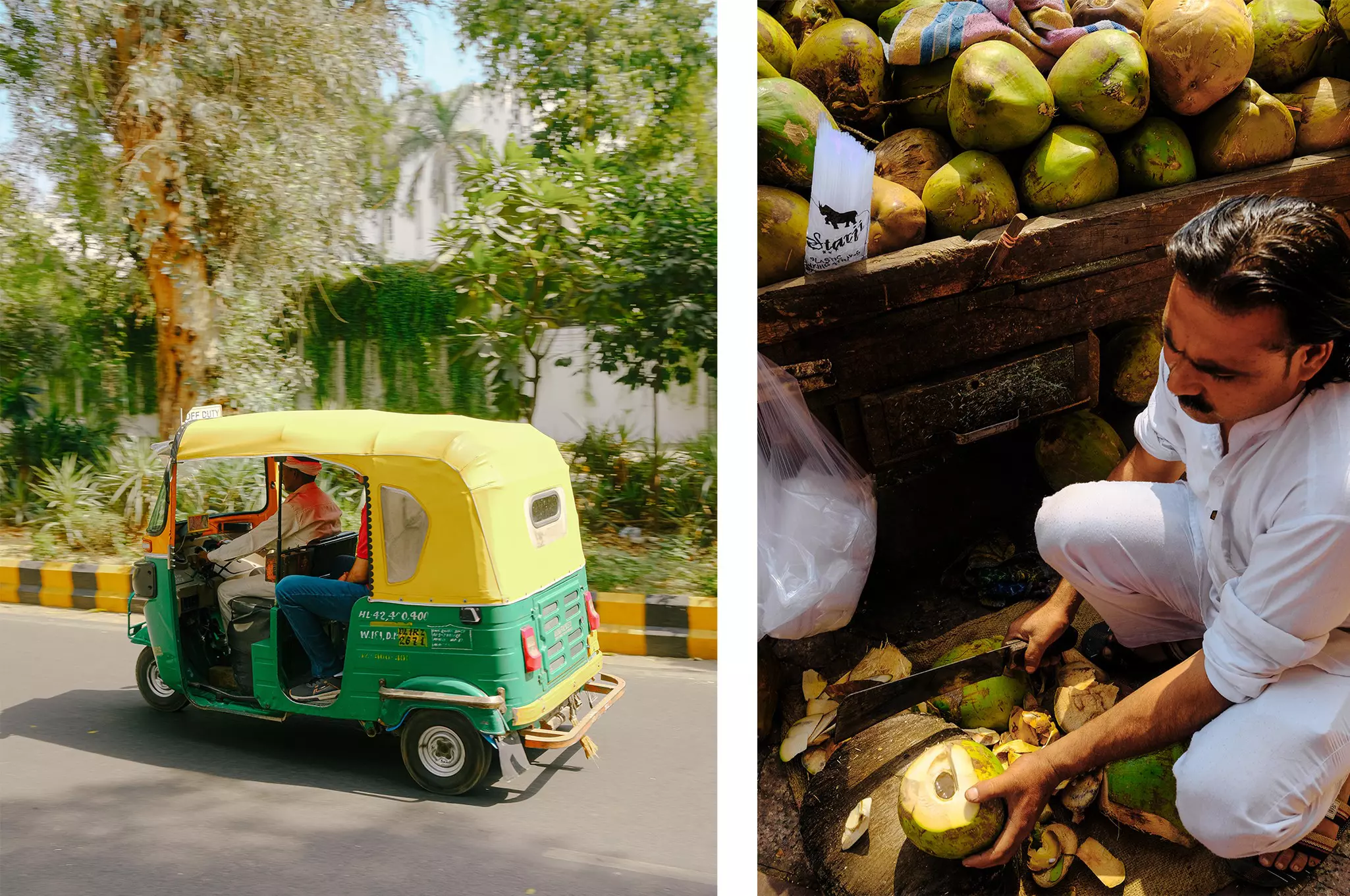 Left: A small three-wheeled vehicle with a driver and passengers drives along a city street. Right: A man dressed all in white uses a machete to cut the top off a coconut.