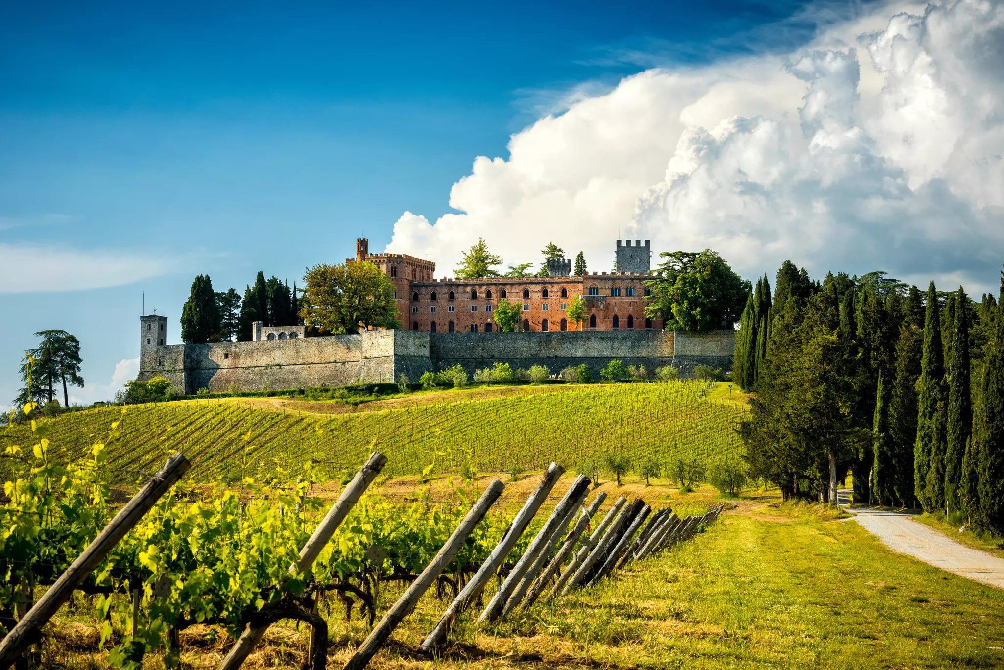 Wide shot of a castle with vineyards in the foreground in the Chianti wine region of Italy.