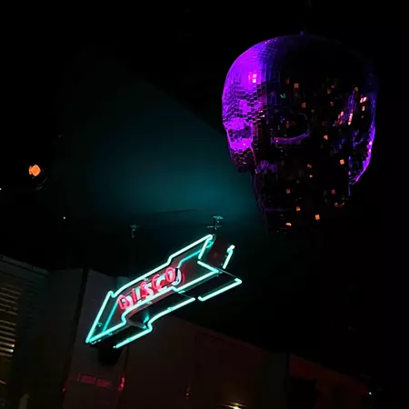 A skull-shaped disco ball at Old Street Records in Shoreditch, London