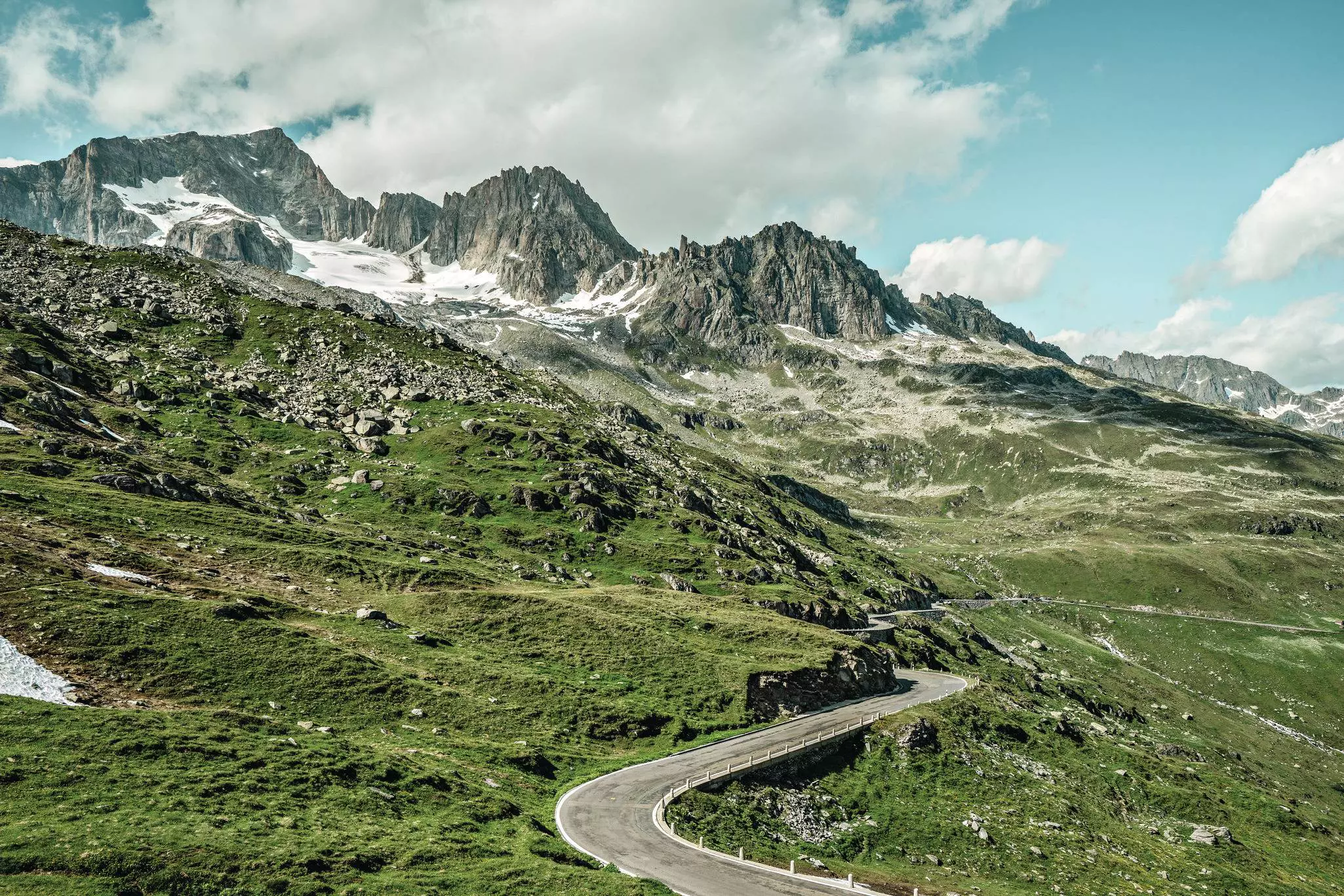 Zig-zag road to Furka Pass in the Swiss Alps 