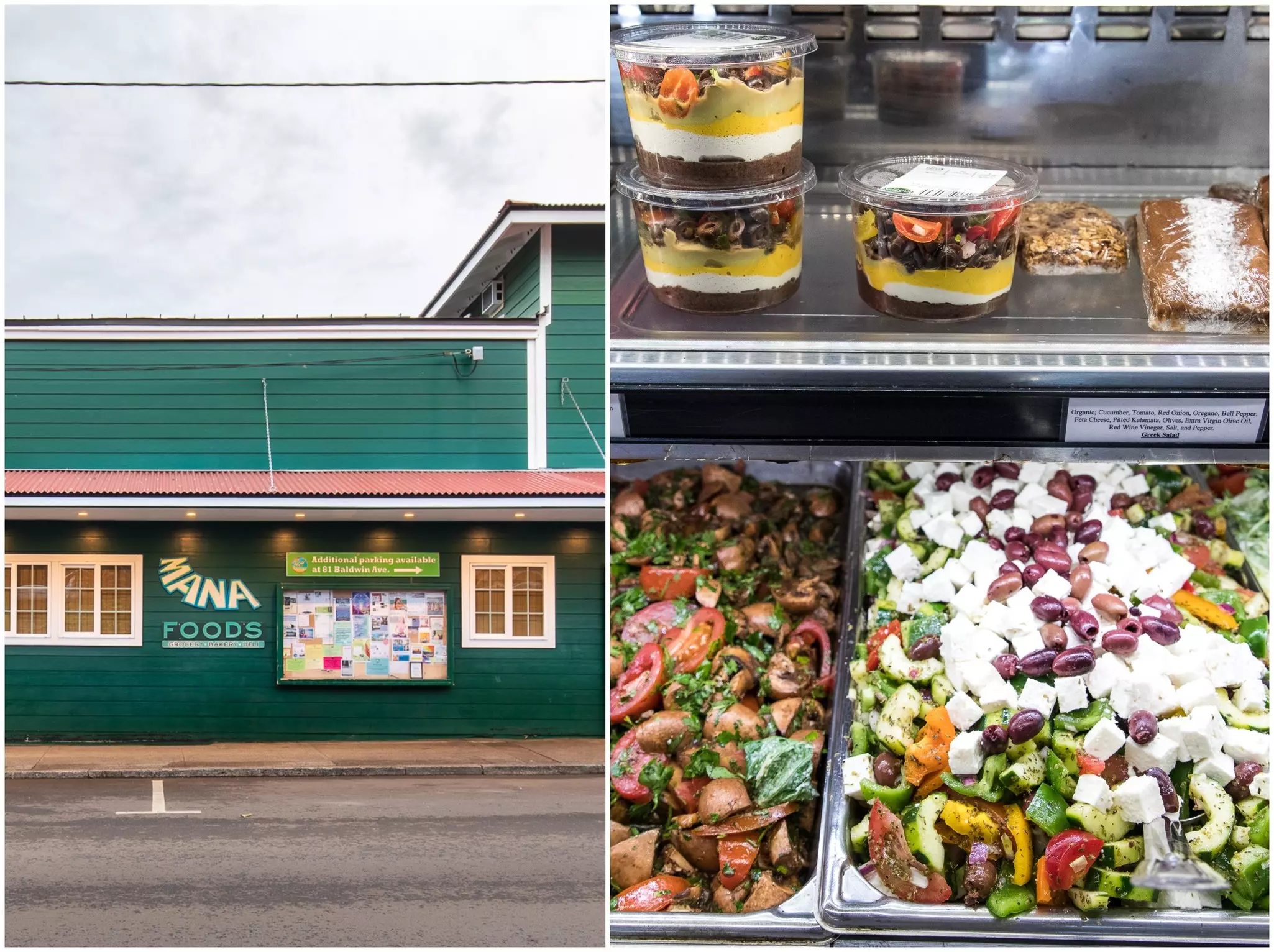 The green Mana Foods storefront in Maui and two trays of prepared foods.