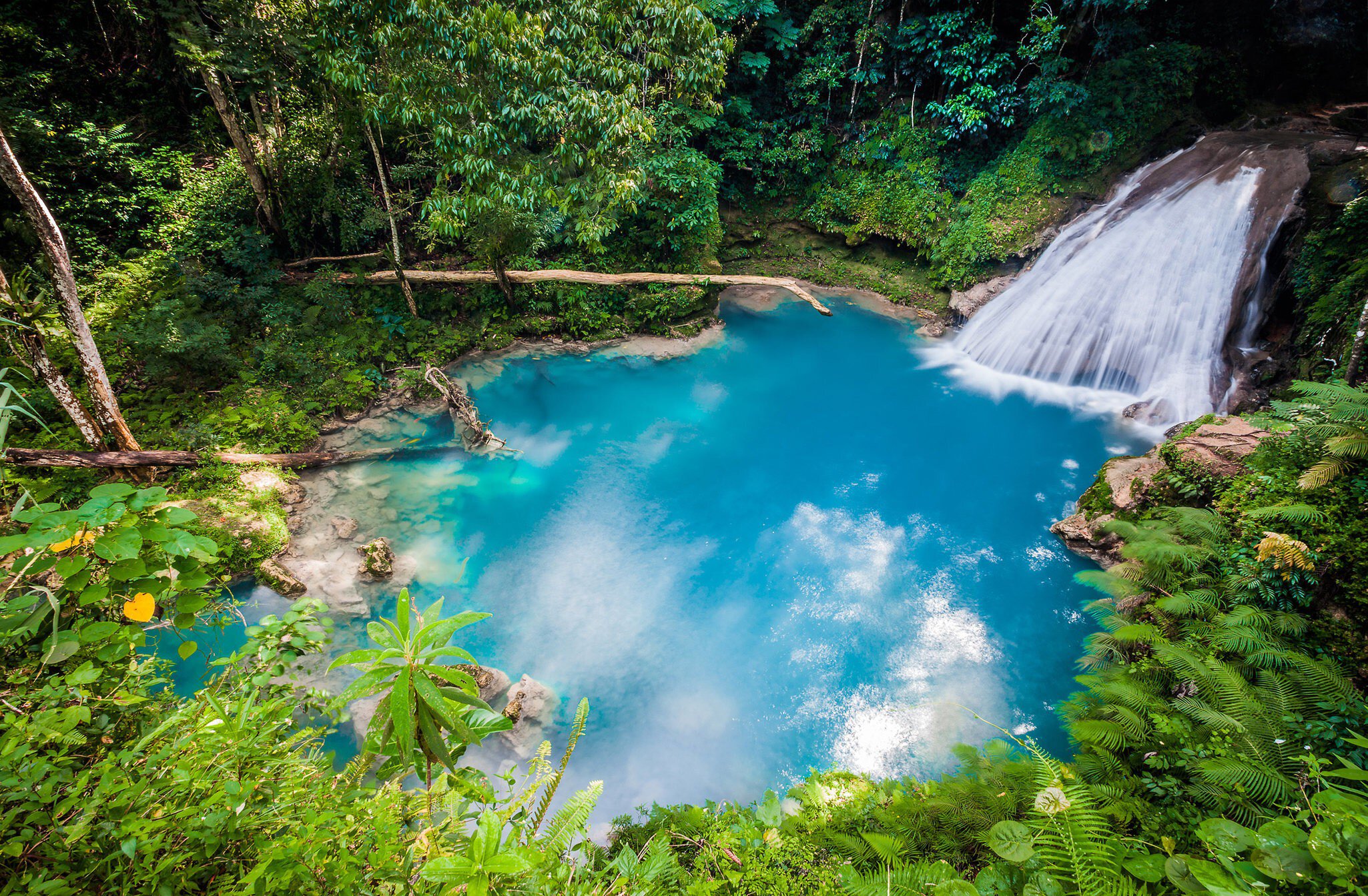 High-angle view of Blue Hole Waterfall in Jamaica.