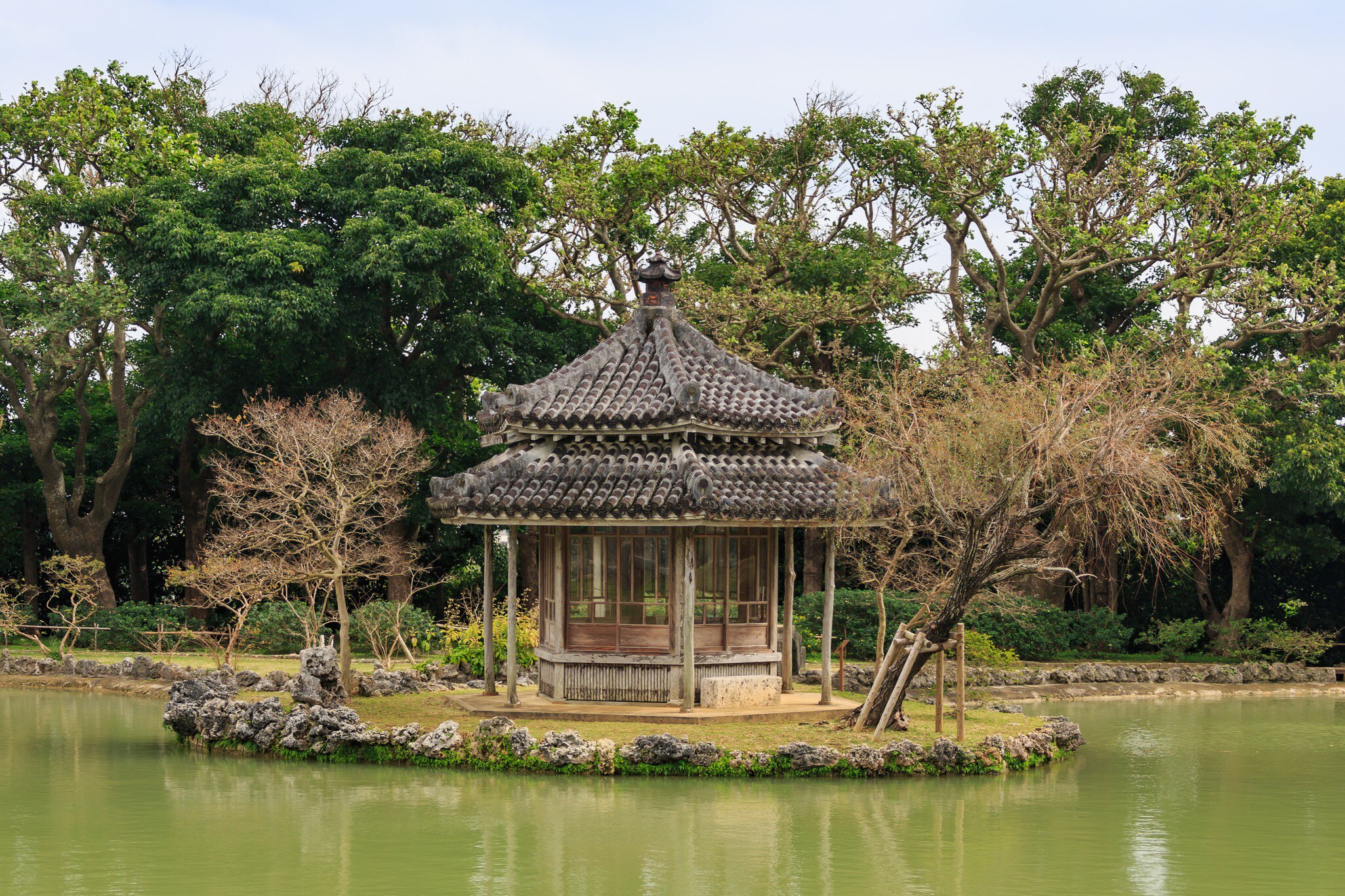 Naha, Okinawa, Japan - January 7 2016: Chinese-style hexagonal pavilion in Shikinaen garden., License Type: media, Download Time: 2026-06-02T18:23:12.000Z, User: LP_NZhan, Editorial: true, purchase_order: 65050 - Digital Destinations and Articles, job: App Content, client: Lonely Planet App, other: Nadine Zhan