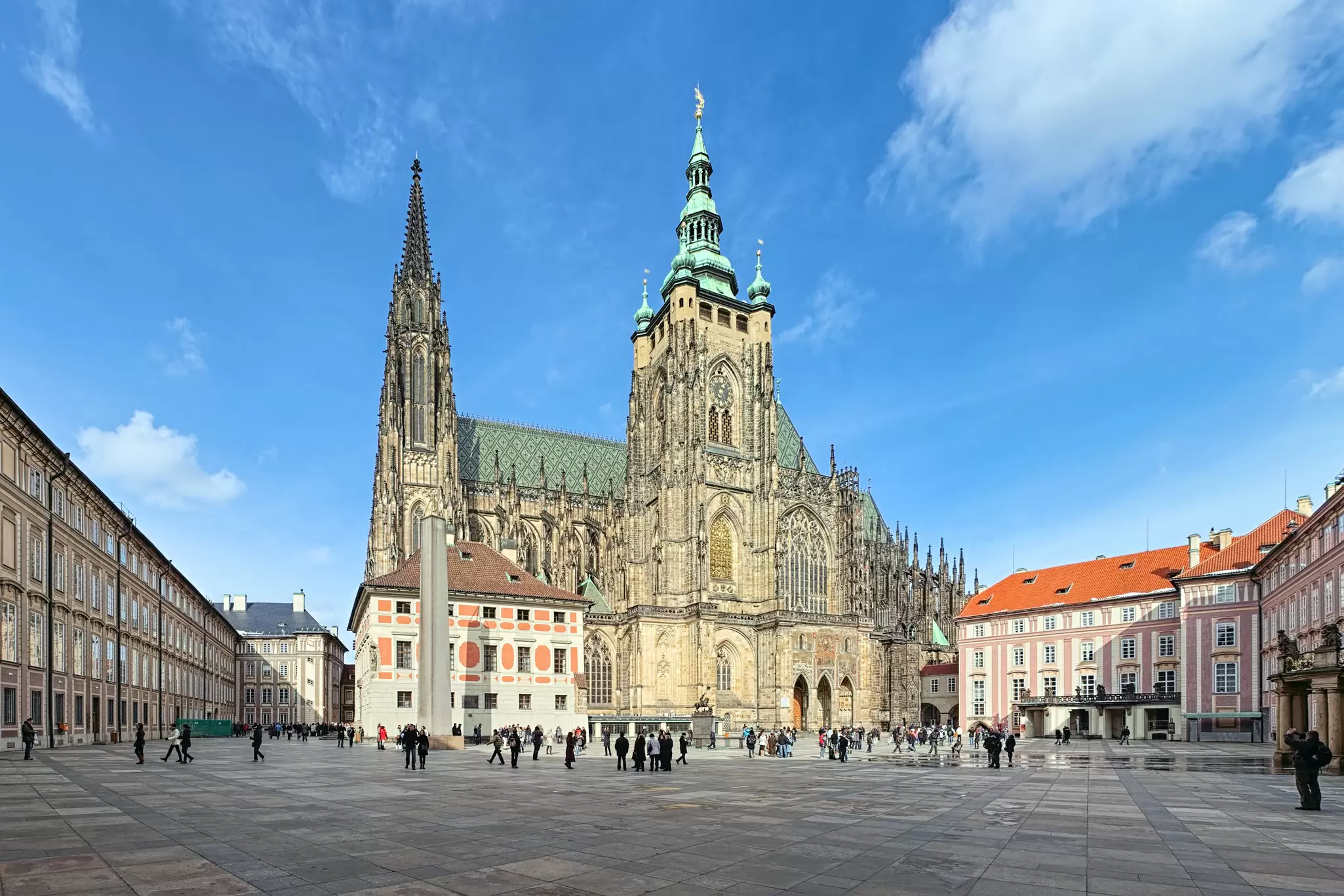 Exterior view of St. Vitus Cathedral on a sunny day in Prague, Czechia.