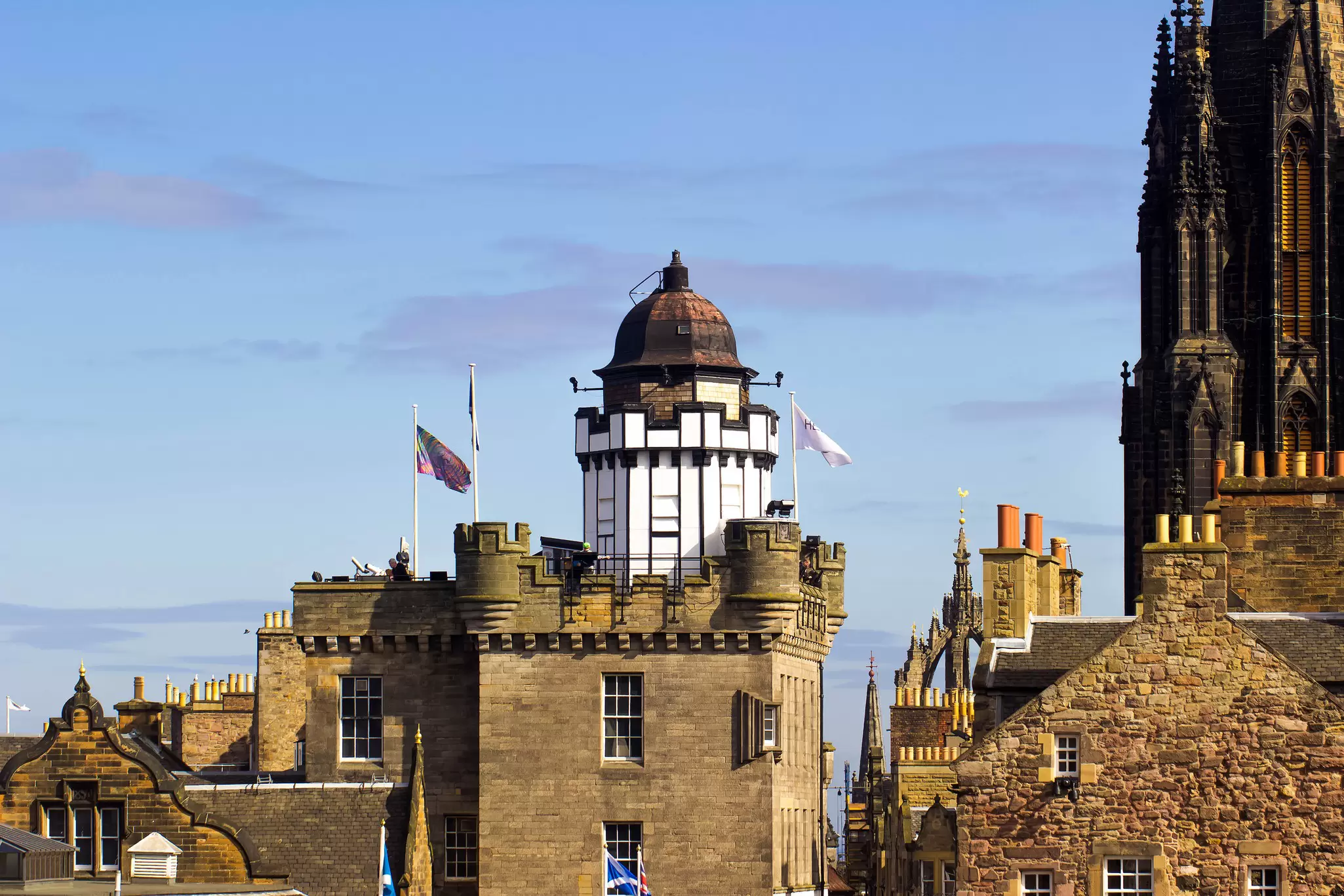 View from afar of Camera Obscura and the Hub tower, Edinburgh.