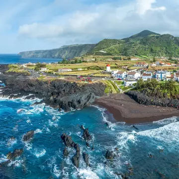 Aerial view of Mosteiros village at Sao Miguel island, Azores archipelag, Portugal, License Type: media, Download Time: 2026-03-06T12:06:24.000Z, User: LP_YKhanna, Editorial: false, purchase_order: 65050 - Digital Destinations and Articles, job: LP, client: Journeys, other: Yuvraj Khanna
