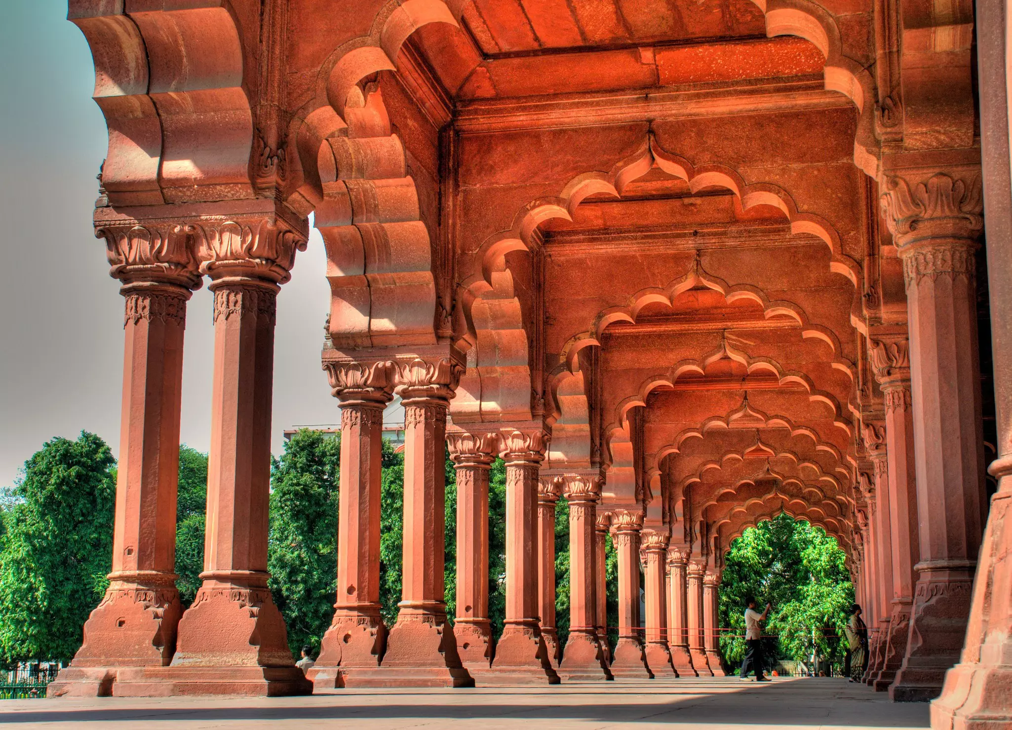 The columns and ornate archways in the Diwan-i-Am in Delhi's Red Fort, India.