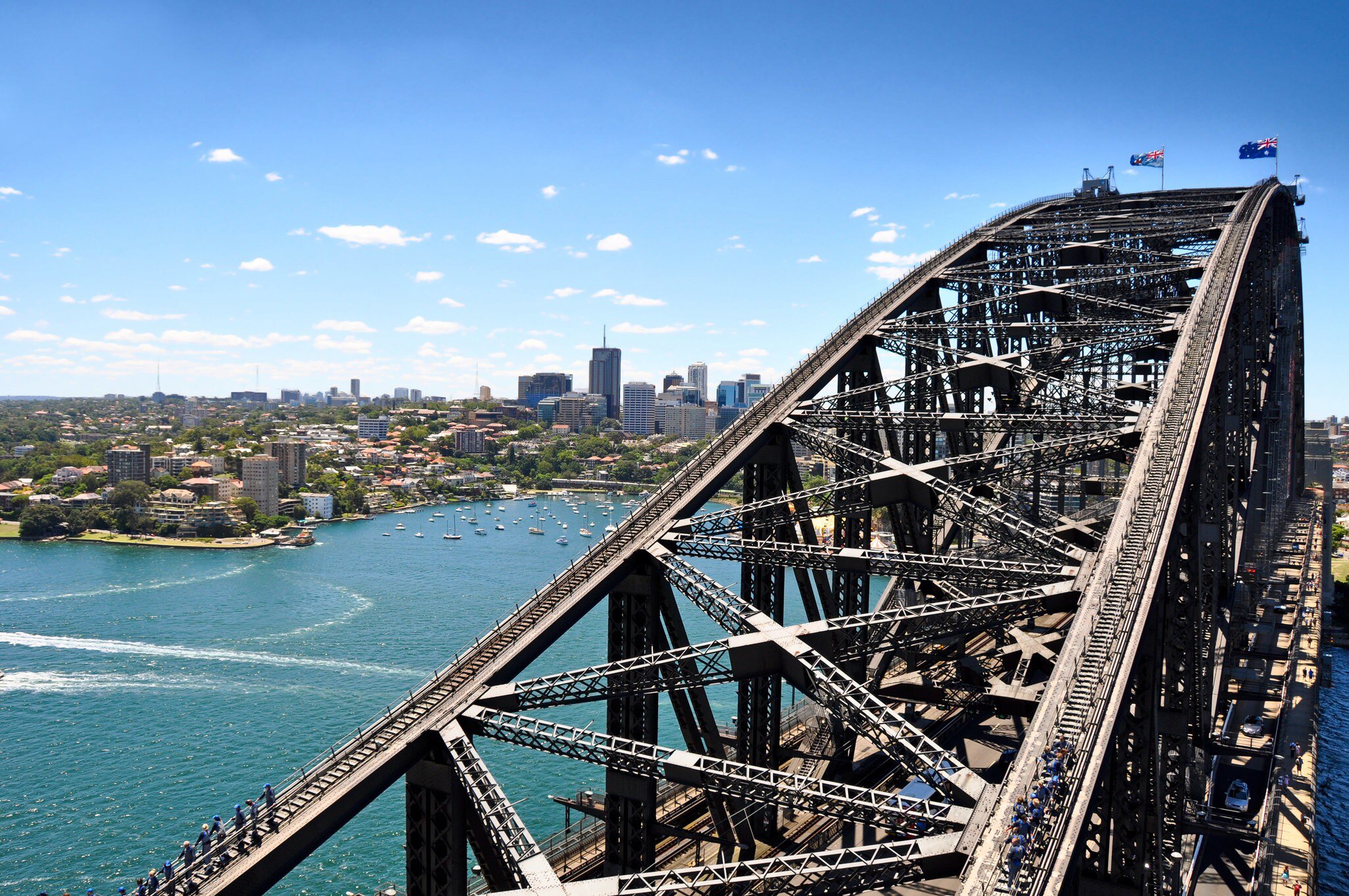 View of Sydney Harbour Bridge from the south-eastern pylon containing the tourist lookout towards North Sydney, Australia. 