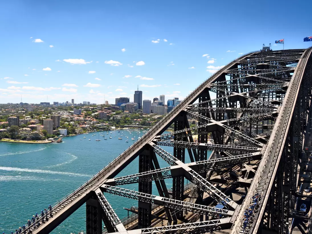 View of Sydney Harbour Bridge from the south-eastern pylon containing the tourist lookout towards North Sydney, Australia. 