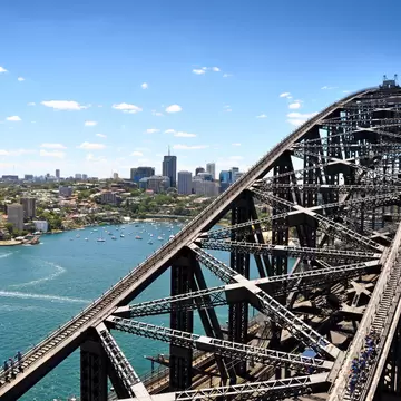 View of Sydney Harbour Bridge from the south-eastern pylon containing the tourist lookout towards North Sydney, Australia. 