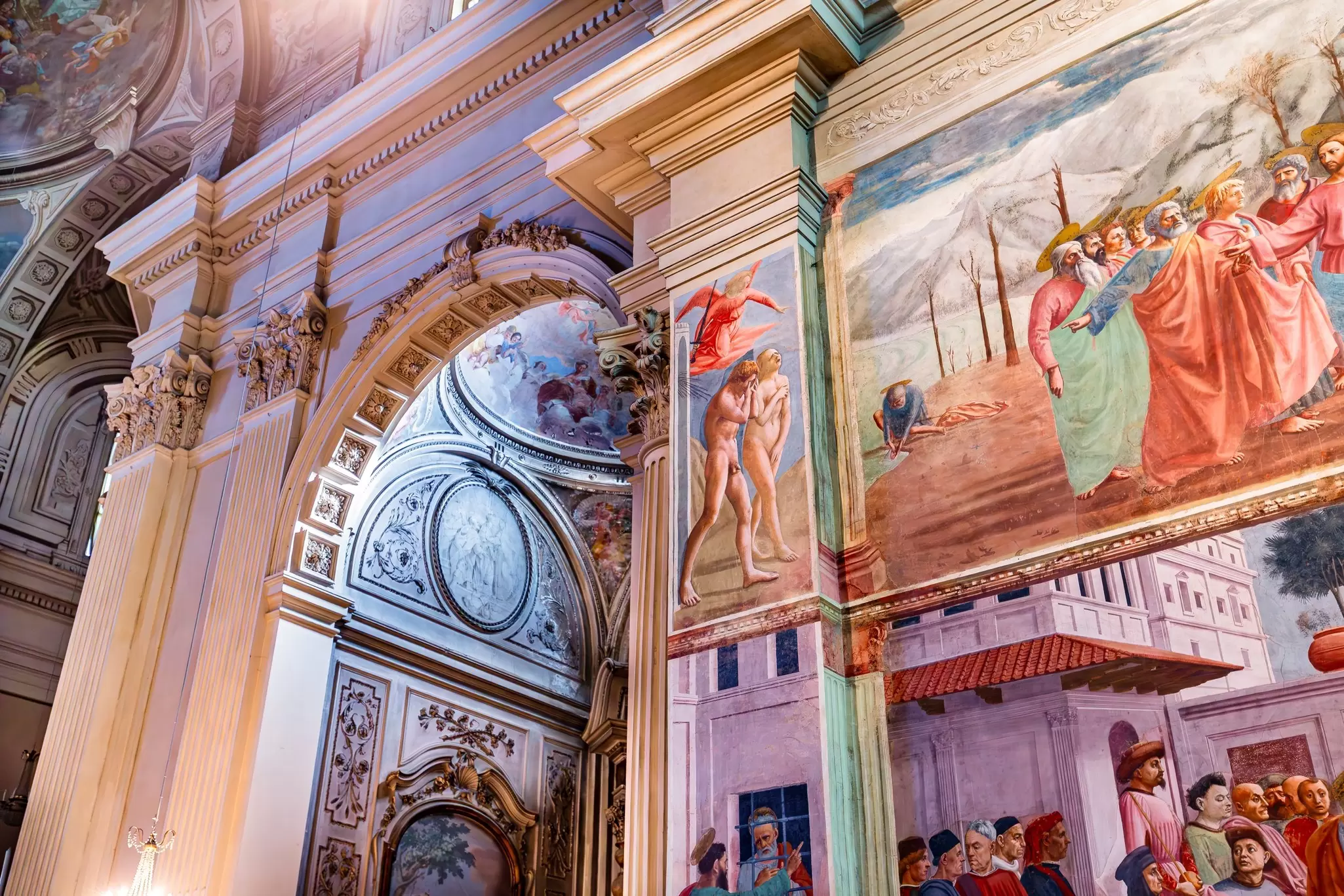 interiors frescoes  and architectural details of Brancacci Chapel in Santa Maria del Carmine, Florence
