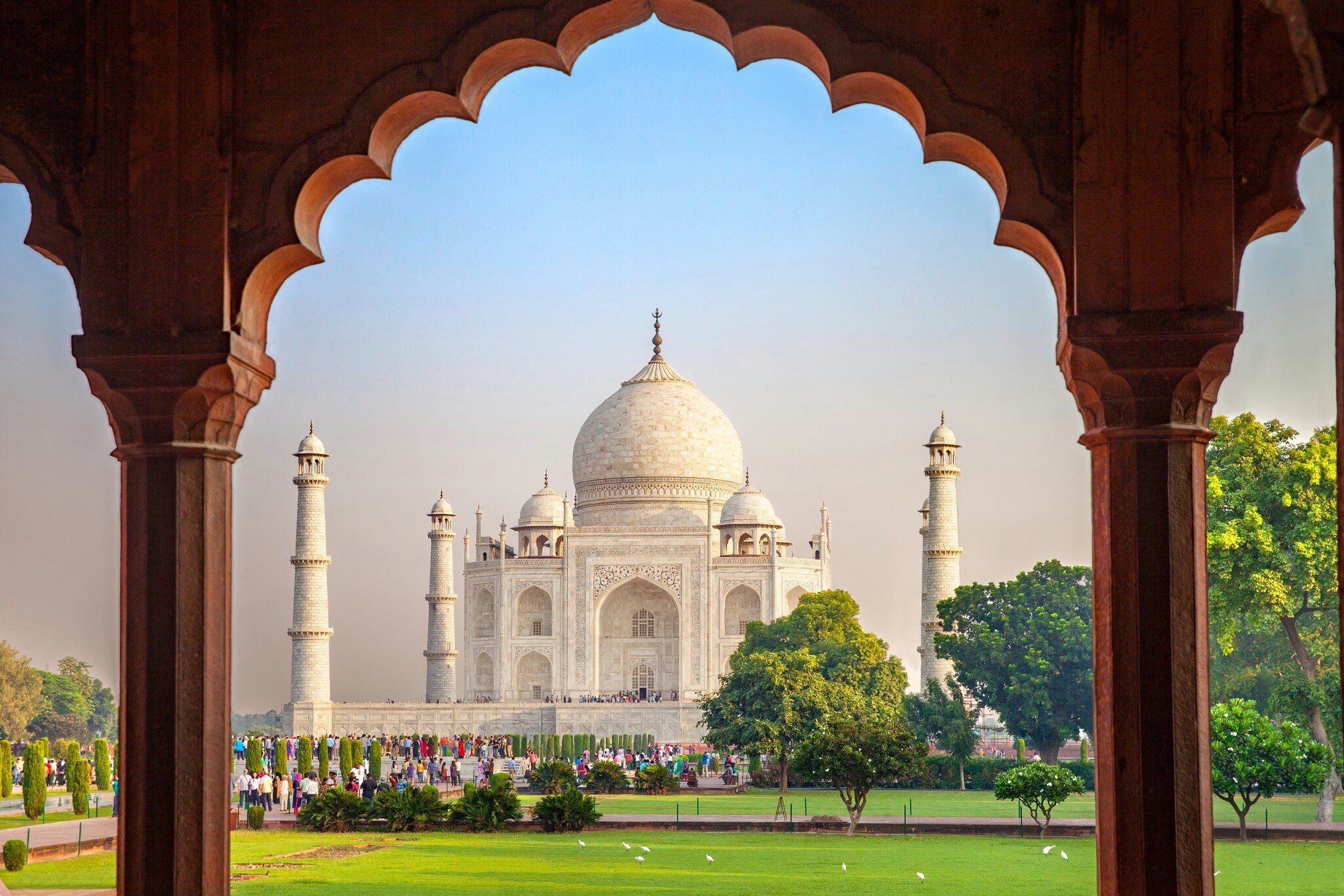 A view through arches of the Taj Mahal in Agra, India.