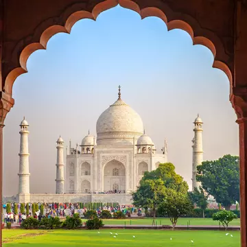 A view through arches of the Taj Mahal in Agra, India.