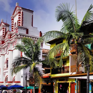 Palm trees in front of the Church Of Our Lady Of Carmen in Guatapé