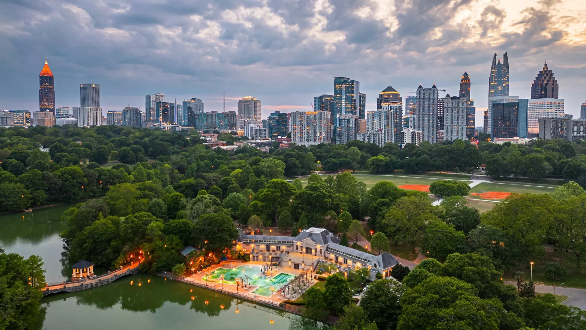 Atlanta, Georgia, USA overlooking Piedmont Park at dusk.