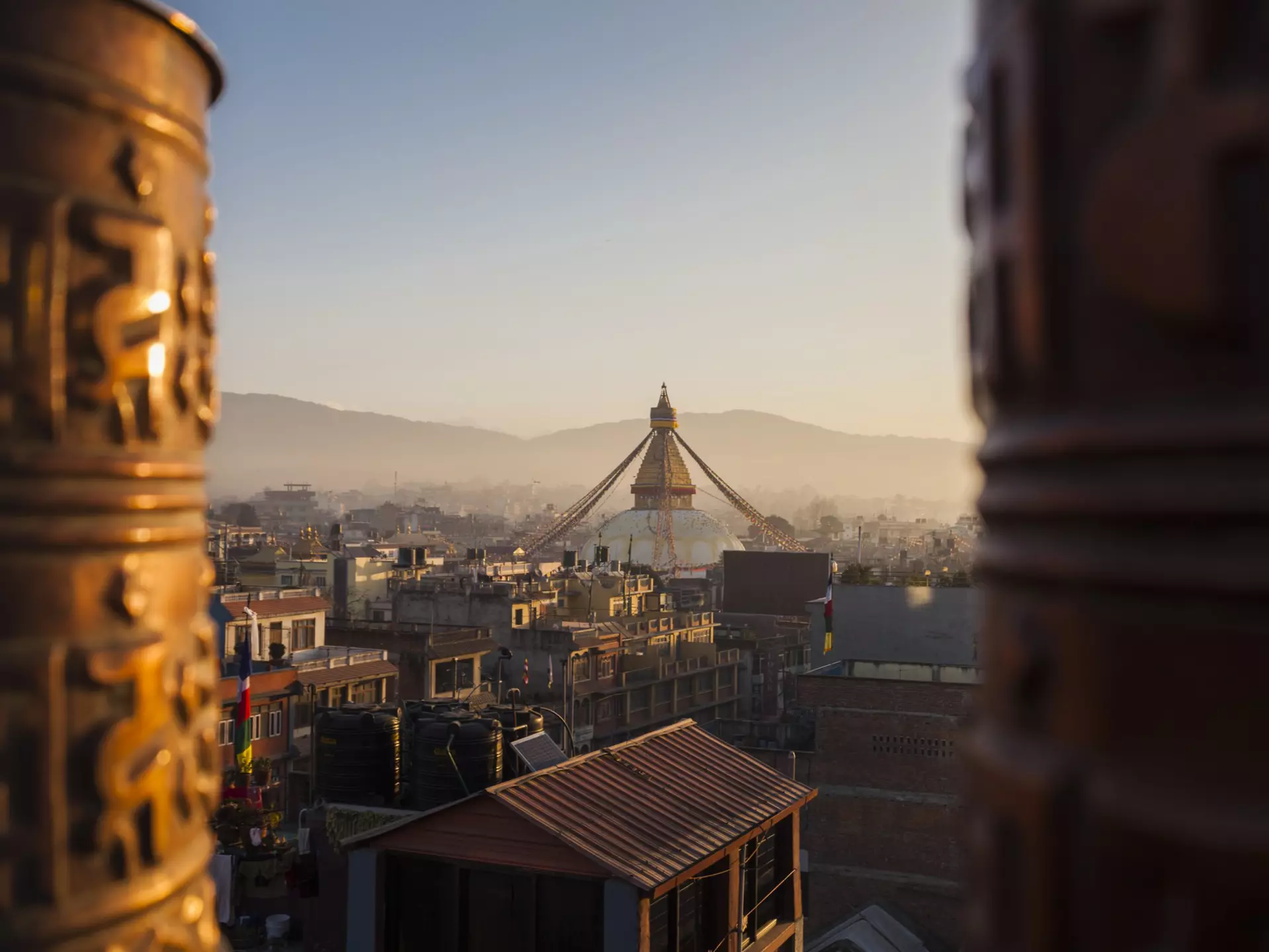 Morning light shines on Bodhnath Stupa in Nepal.